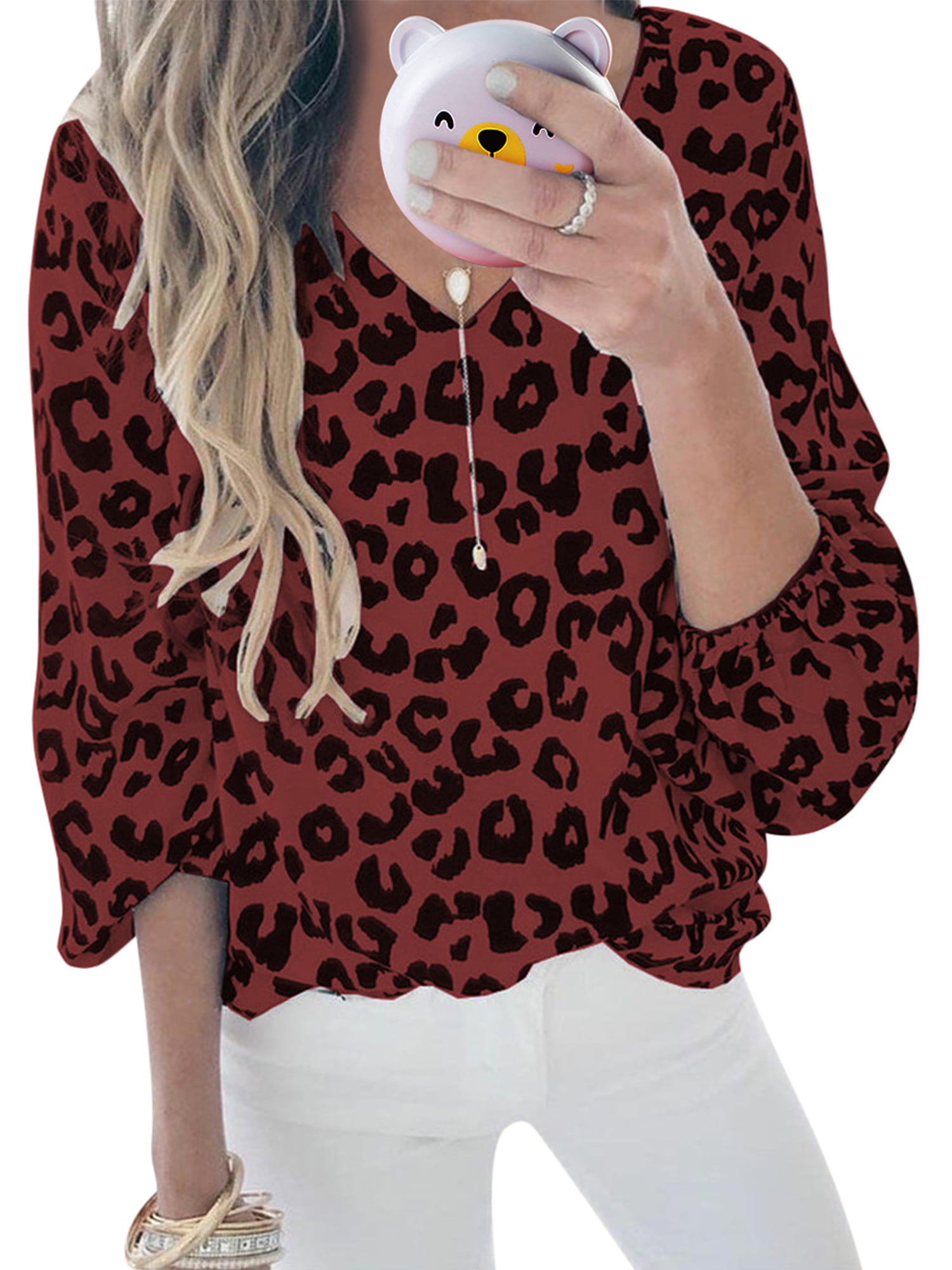 Women's Leopard Print Button Down Blouse Tops Ladies Loose Long Sleeve T-Shirt 