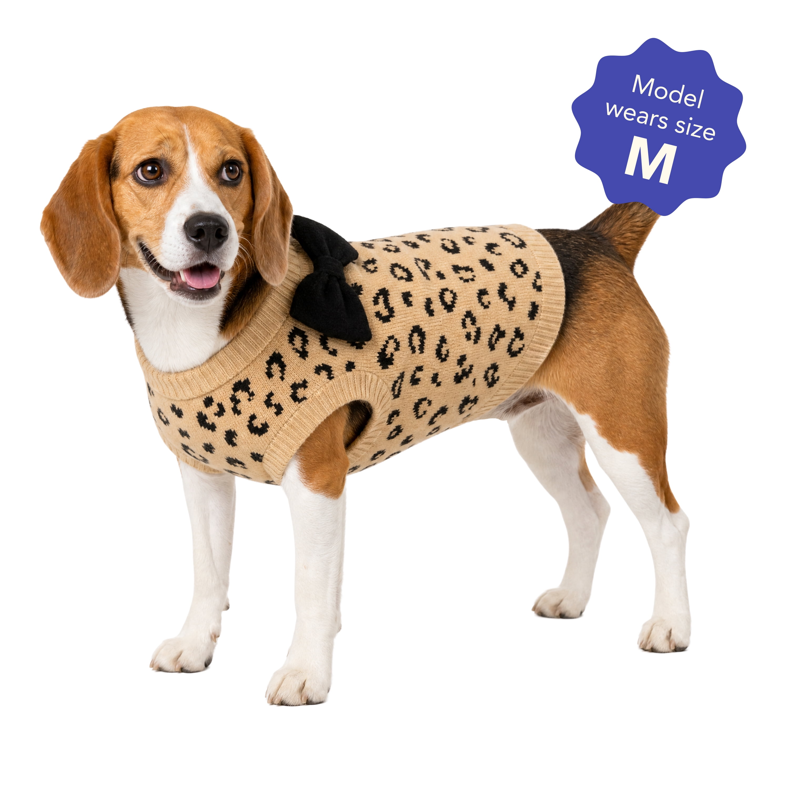 Oodles Leopard Print Bow Fall Dog Sweater, Tan, Medium