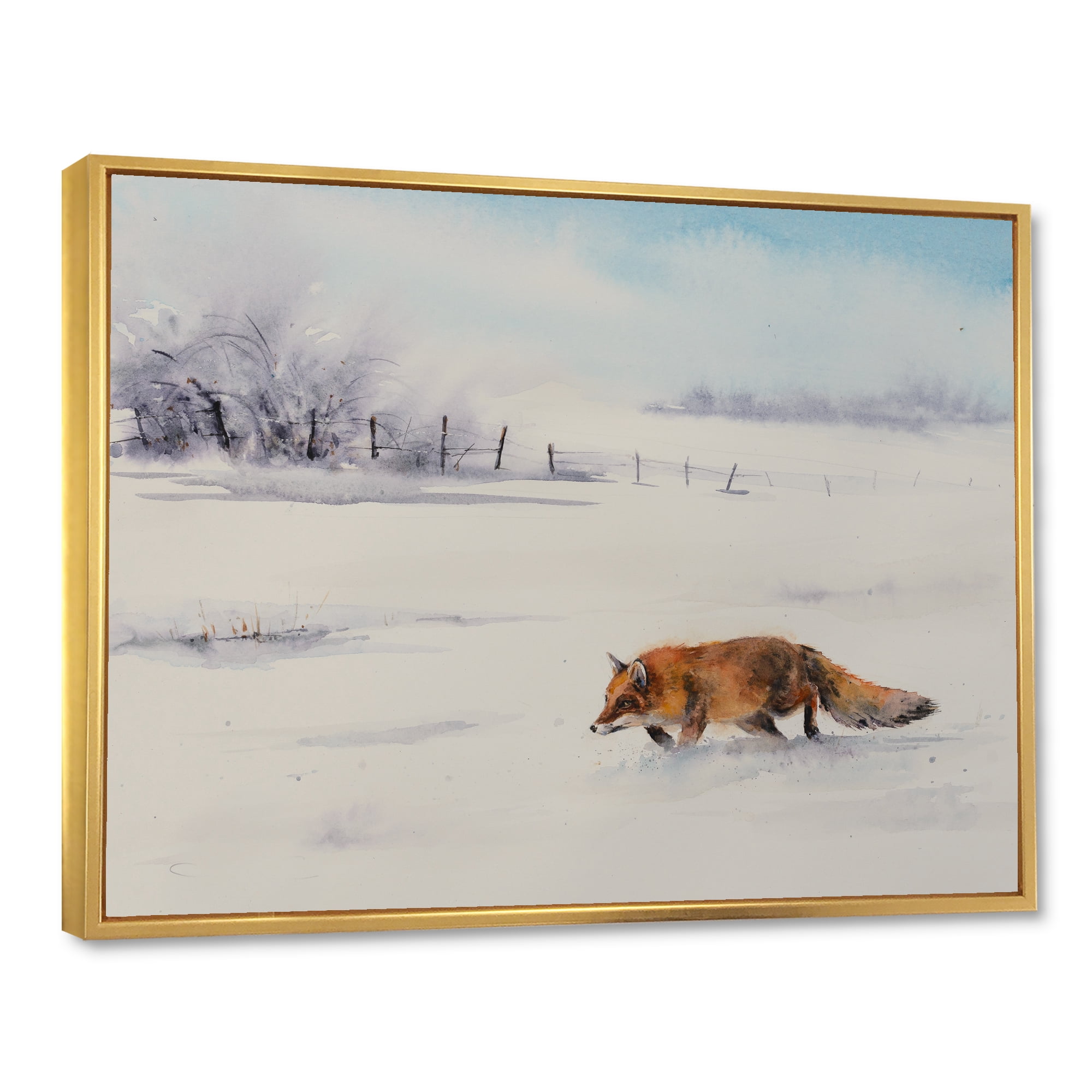 Designart 'Red Fox Running In White Snow in Countryside I' Farmhouse Framed Canvas Wall Art Print