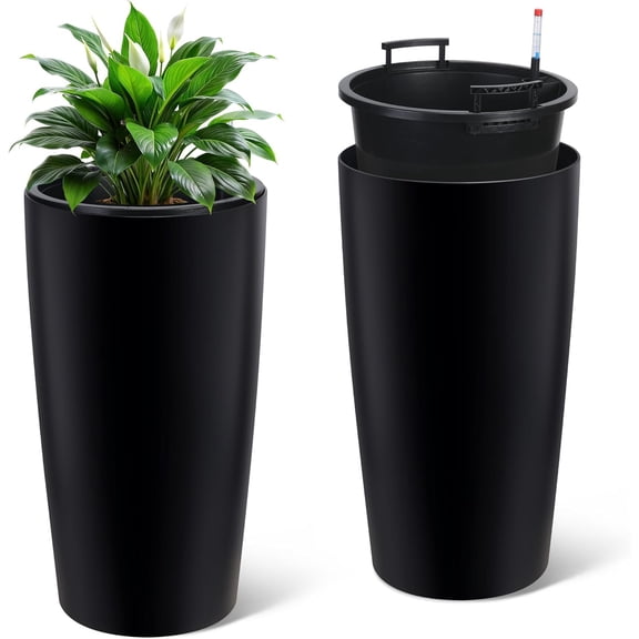 Tall Outdoor Planters for Outdoor Plants, 30 Inch Self Watering Planters Set of 2 with Inner Bucket, Water Level Monitor and Drainage for Front Porch Decor