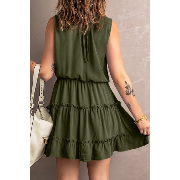 ABPHQTO Mini vestido verde sin mangas con cuello en V y volantes para mujer