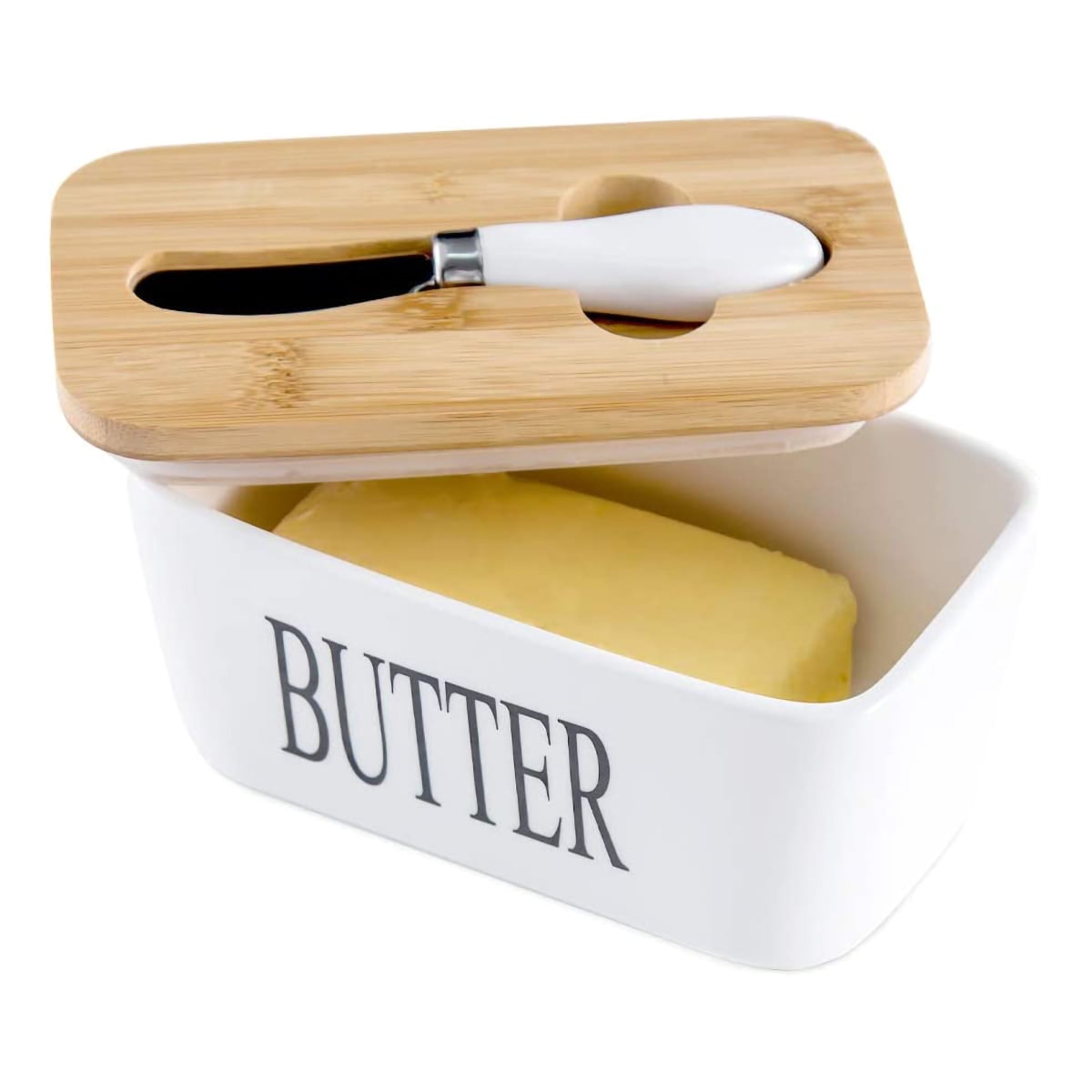 Airy Blue Airtight Butter Container with Cover Large Butter Dish with Wooden Lid DOWAN Porcelain Butter Dish Farmhouse Butter Keeper for 2 Sticks of Butter 