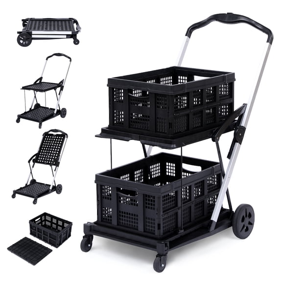 Folding Shopping Cart with Wheels, 2-Tier Collapsible Multipurpose Trolley, Black Rolling Organizer