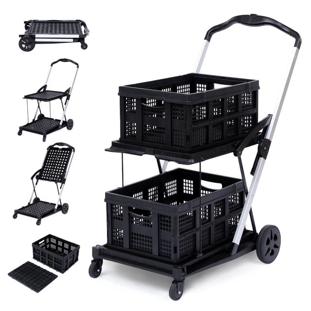 Chariot Utilitaire Pliant à 2 Niveaux - Chariot Roulant Pliable Robuste avec 2 Caisses de Rangement (Noir, Grande Capacité, Polyvalent pour Bureau/maison)