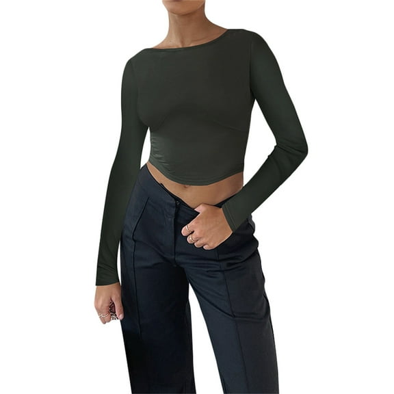 Aunavey Women Long Sleeve Backless Crop Top Slim Fit Open Back Shirt Crewneck Cutout Casual Y2K Tshirt