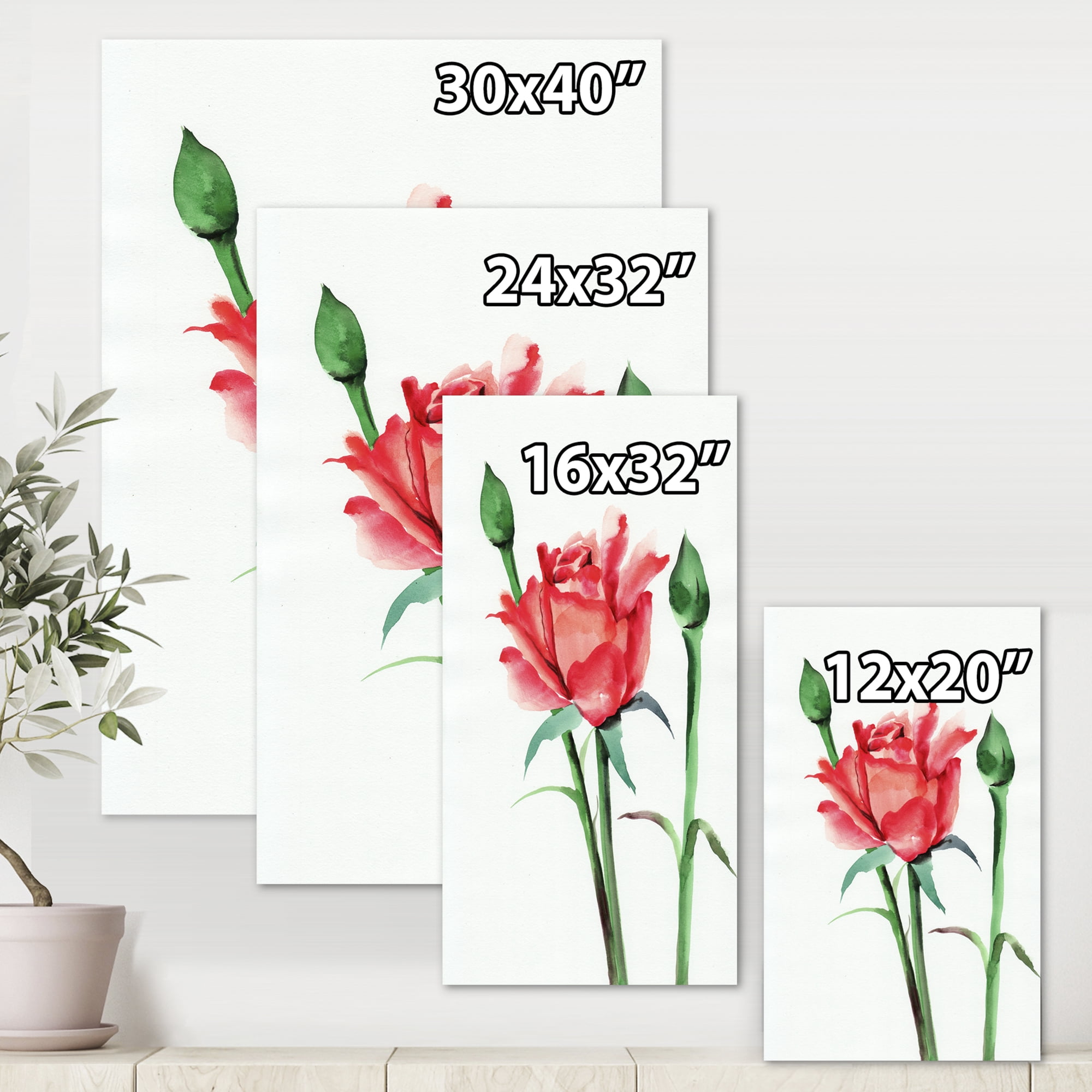 Designart ' Buds With Red Rose ' Traditional Canvas Wall Art Print