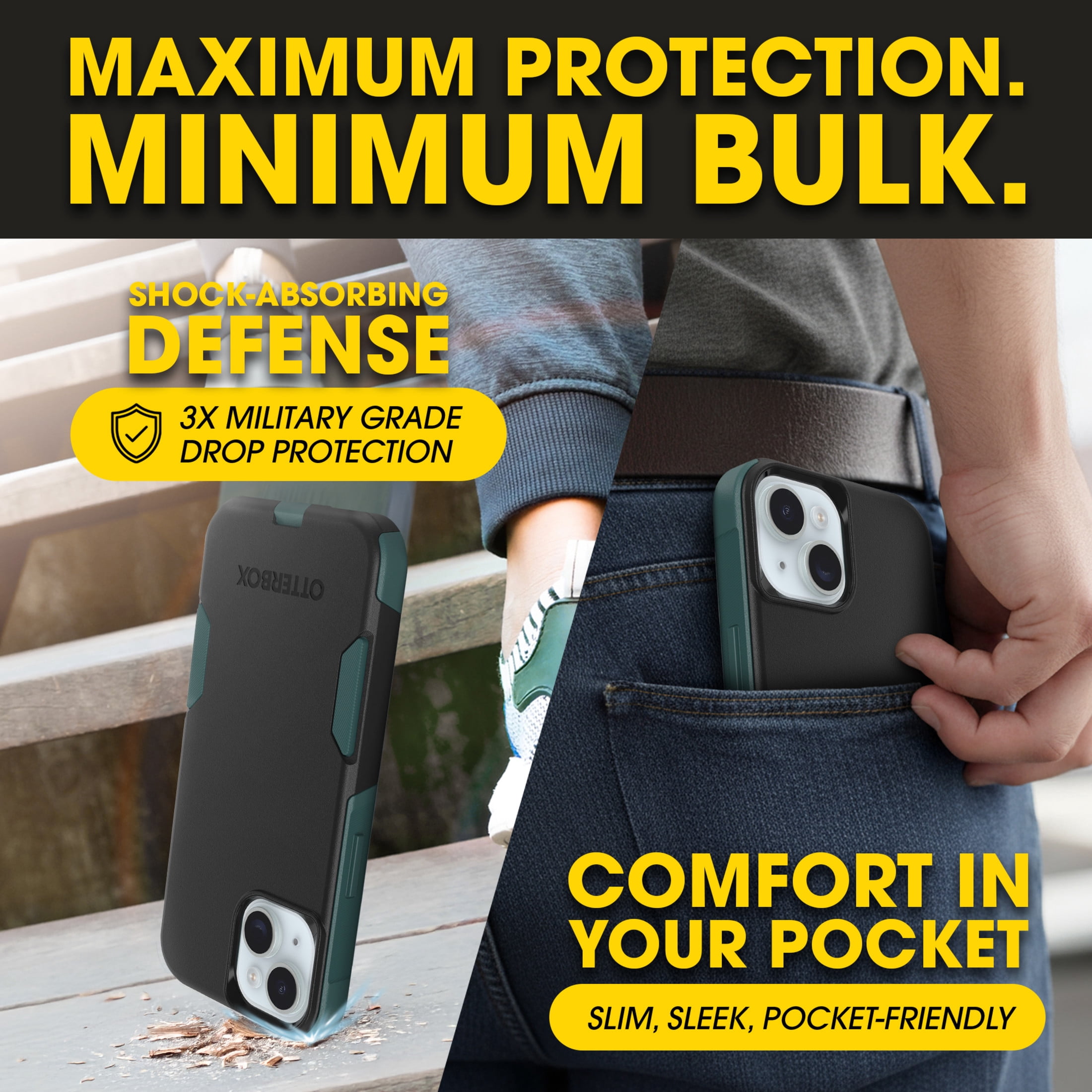 OtterBox Commuter MagSafe Case for iPhone 17e/16e/15/14/13 – Black/Green – Slim, Shockproof, Dual Layer Drop Protection