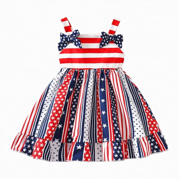 Sgkm Girl Dresses Stylish Star Graphic Print Dress for Girls Independence Day Party Formal Baby Clothes with Bow