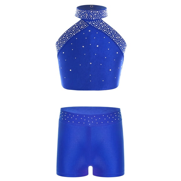 Jizyo Kids Girls 2 Piece Gymnastics Outfits Shiny Halter Crop Vest Top with Booty Shorts Athletic Dance Clothes Set Blue 8