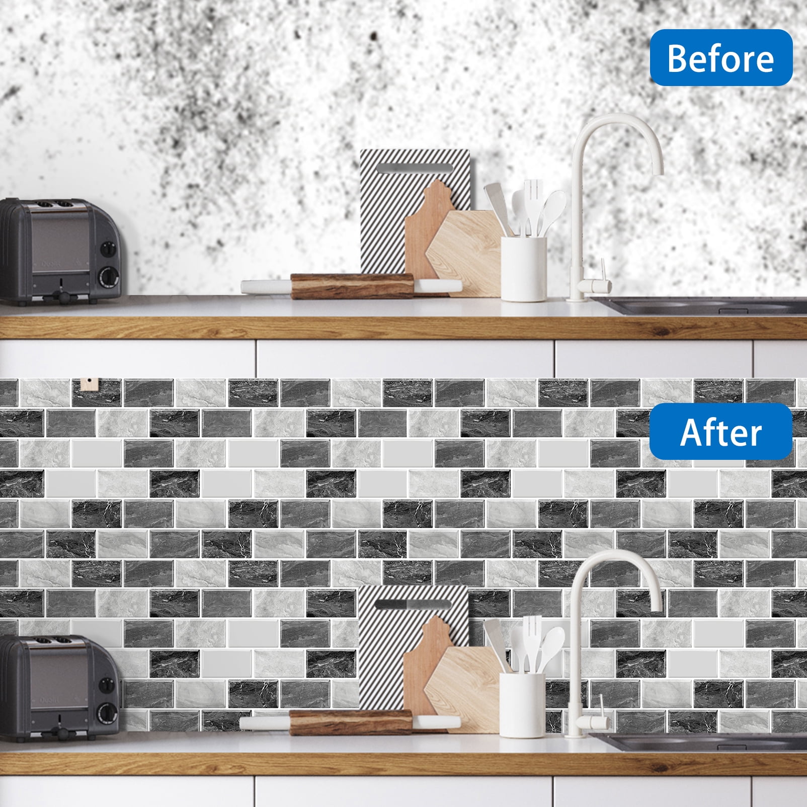 DEWOO Peel and Stick Backsplash - 10 Sheets of 12"×12" - 3D Adhesive Peel and Stick Tile Backsplash for Kitchen, Bathroom, Wall Tile, Black Gray