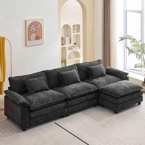 IPKIG L Shape Sofa Comfy Sectional Cloud Couch for Living Room with Pillows, Modern Chenille Sofa Sleeper Deep Couches with Ottoman (Black, 4-Seat)