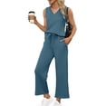 thumbnail image 2 of 2 Piece Outfits Women Fall Lounge Sets V Neck Tops Wide Leg Pants Vacation Travel Sweatsuits with Pockets, 2 of 6