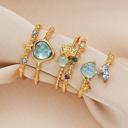 3Pcs Heart & Flower Alloy Rhinestone Cuff Rings Golden Inner Diameter: Adjustable