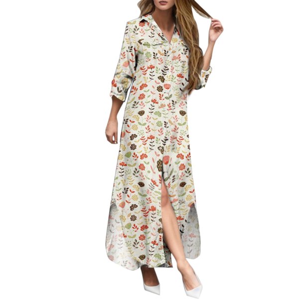 Gibobby Vestido largo para mujer Vestido de camisa con abertura sexy con estampado de flores y botones de solapa a la moda para mujer(Beige,M)