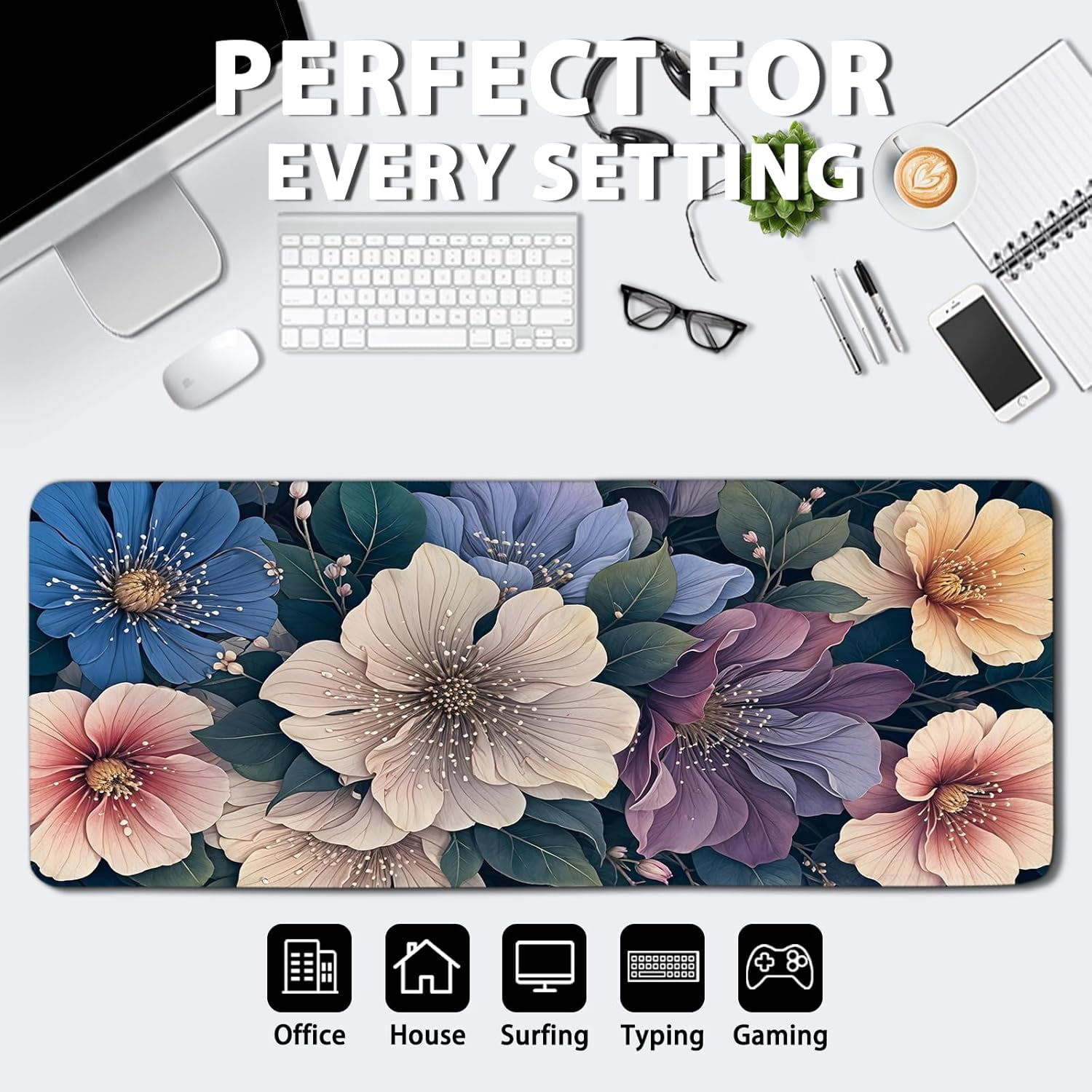 BlueFloral Gaming Mouse Pad, Large Computer Keyboard Mousepad, Flower Mouse Mat Big with Non-Slip Base and Stitched Edges, Long Desk Mat for Home Office 11.8”x 31.4” XL Gift for Christmas