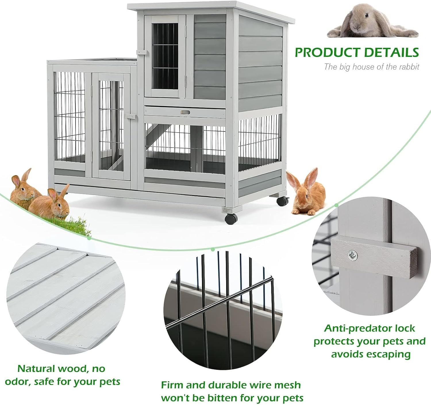 Esright Rabbit Hutch Pet House for Small Animals 37 inches Guinea Pig Cages with Run Bunny House Indoor Rabbit Cage with 4 Casters Removable No Leak Trays & Ladder