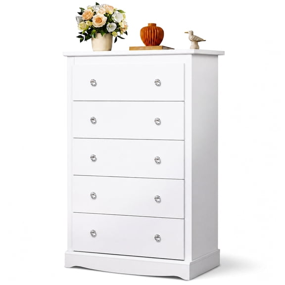 GALAXHERO 5 Drawer Dresser for Bedroom, Retro Wood Chest of Drawers, Tall Dresser with Round Metal Handle for Living Room, Hallway, Closet, White
