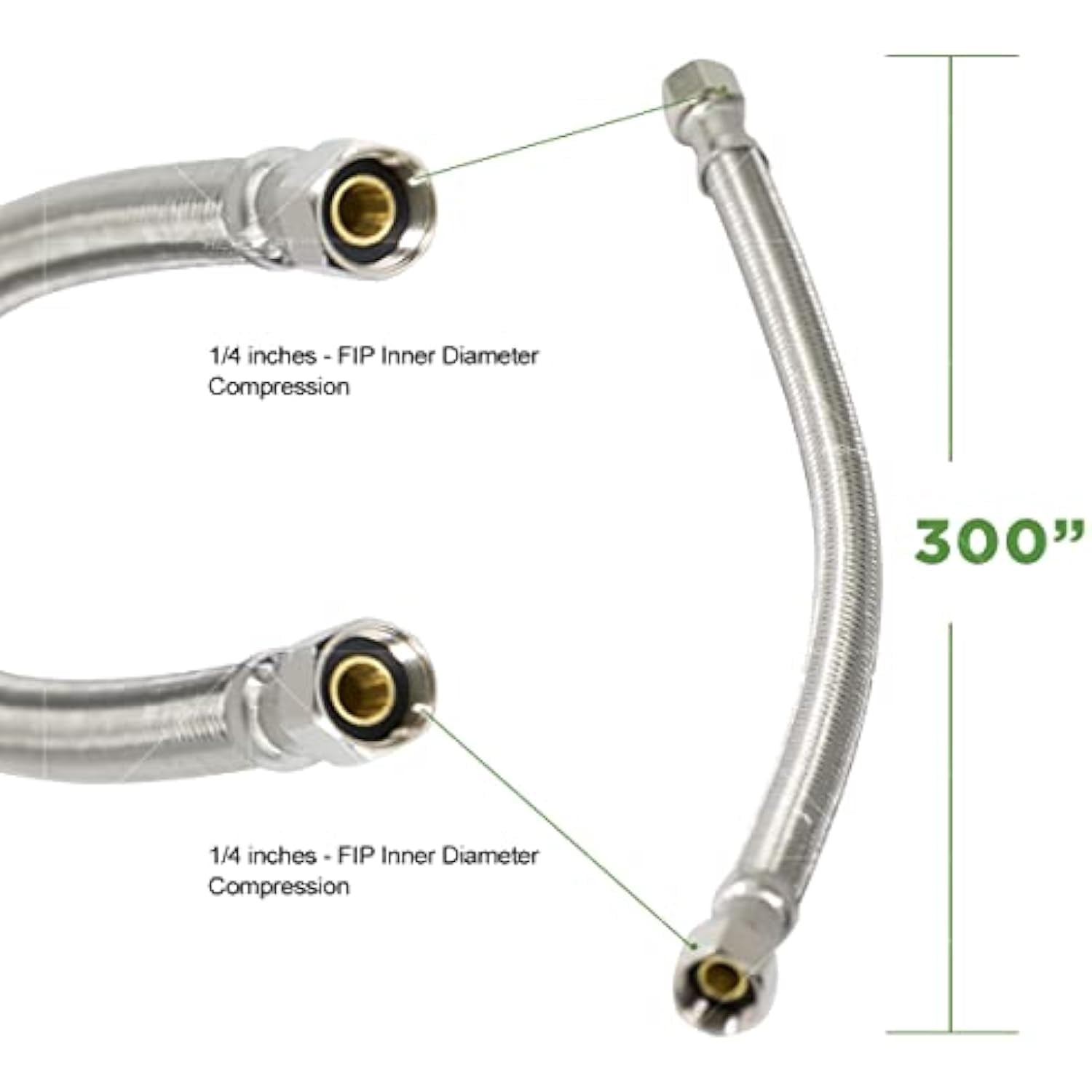 Stainless Steel Braided Icemaker Supply 1/4" Comp x 1/4" Comp, UPC/NSF, Lead Free, 300"