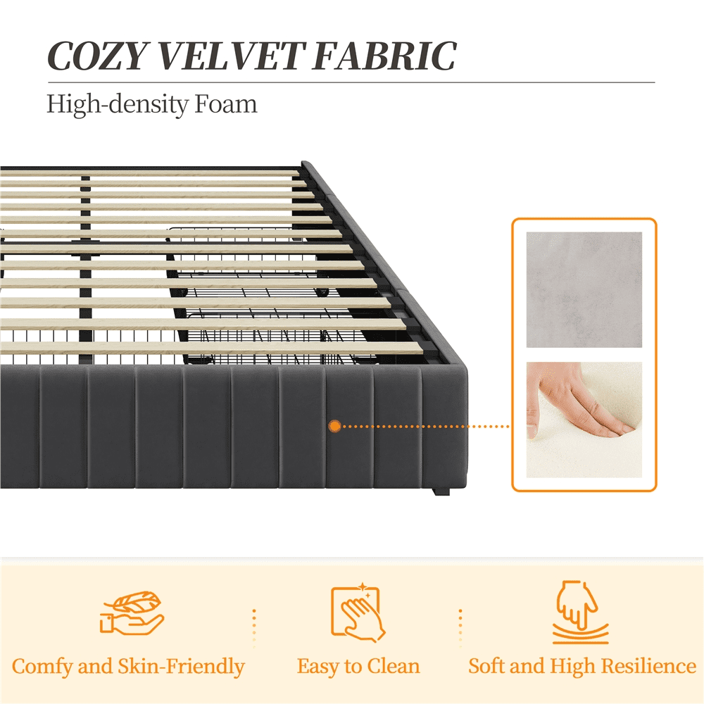 Fullfurnique Upholstered Platform Bed Frame with Three Storage Drawers, Full, Dark Gray