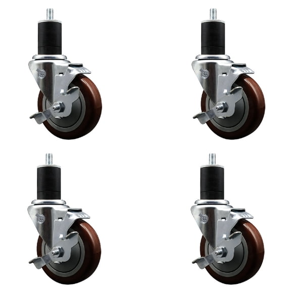 4 Inch Maroon Poly Swivel 1-3/4 Inch Expanding Stem Caster Set with Brake SCC