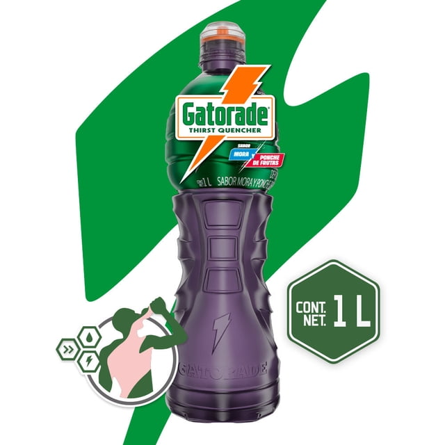 gatorade bebida para deportistas isotónica sabor mora y ponche de frutas 6 pieza(s) botella frontal de 1 L morada translúcida, etiqueta verde con rayo naranja y logo Gatorade, texto "sabor mora y ponche de frutas" y sello "cont. net. 1 L", botella estriada con tapa naranja sobre fondo blanco con gráfico verde; suele usarse para reponer electrolitos durante el ejercicio.