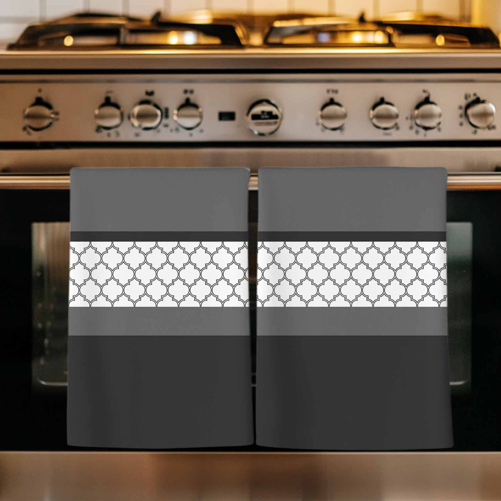 Dish Towels, Black Gray Geometric Absorbent Kitchen Towels 2 PCS, Stitching Morocco Pattern Microfiber Hand Towels Dish Cloths Tea Towels for Home&nbsp;Bathroom Cleaning Drying,18X28-Inch,