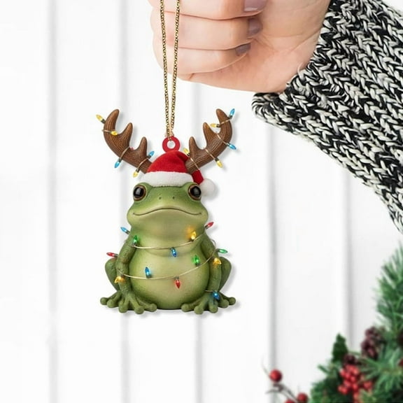 ViciArt Frog Christmas Ornament, Acrylic or Fiber Wood, Reindeer Antlers & Santa Hat Decor