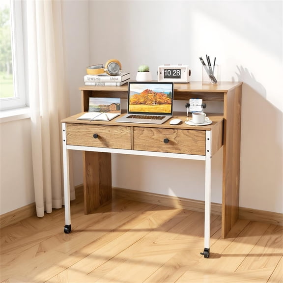 Spaco Extendable Computer Desk with Pull Out Secondary Desk-Natural, Office Desk, Gaming Computer Desks for Study,Working,Writing