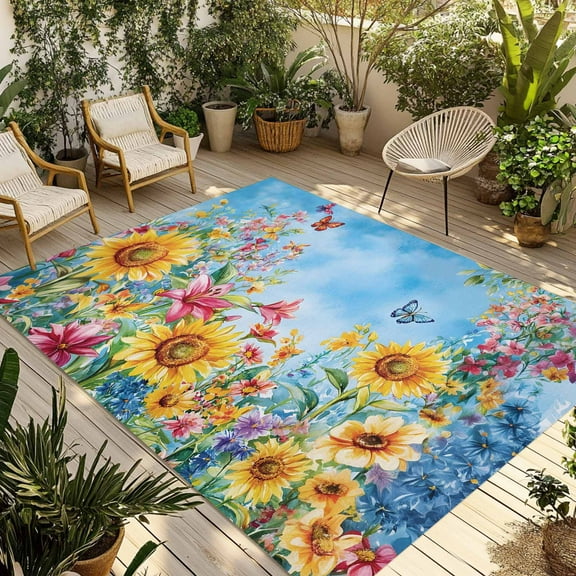 Fsddascl Yellow Sunflower Outdoor Rug for Patio/Deck/Porch, Non-Slip Large Area Rug 6 x 9 Ft, Wildflower Vintage Country Oil Painting Indoor Outdoor Rugs Washable Area Rugs, Camping Rug Carpet