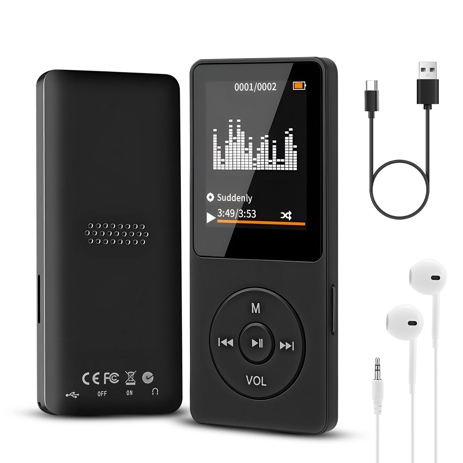 MP3 Player with Bluetooth 5.3, 1.8 inch Screen Portable Music Player with Speaker, FM Radio, Voice Recorder, Supports Expanded Up to 128GB, Black