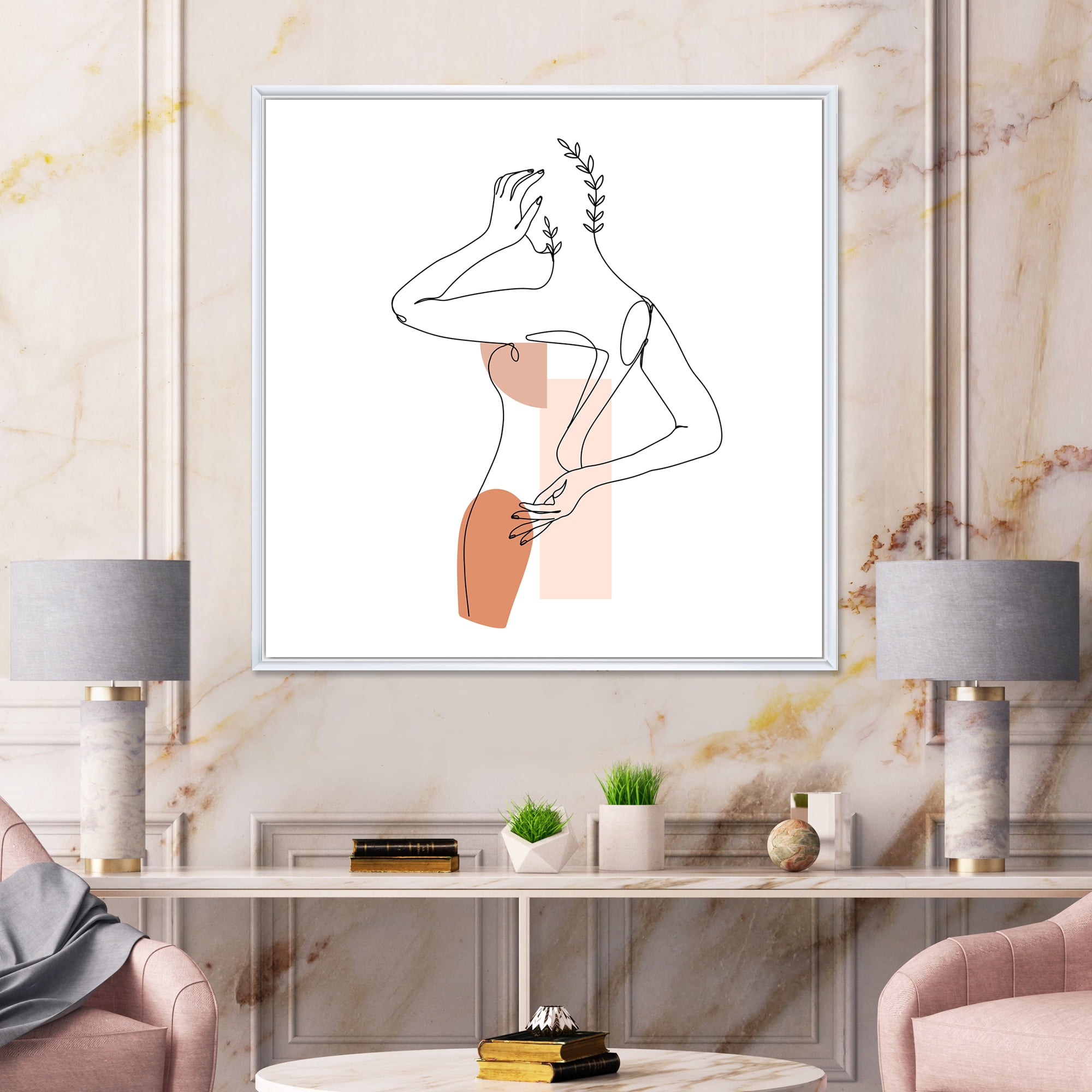 Designart 'One Line Woman Portrait With Shapes and Leaves II' Modern Framed Canvas Wall Art Print