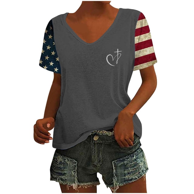 Tops Cortos para las Mujeres Día de la Independencia Patriótica Impreso Cuello en V, Manga Corta Top Casual para Diario, Fiesta Y Todas las Estaciones
