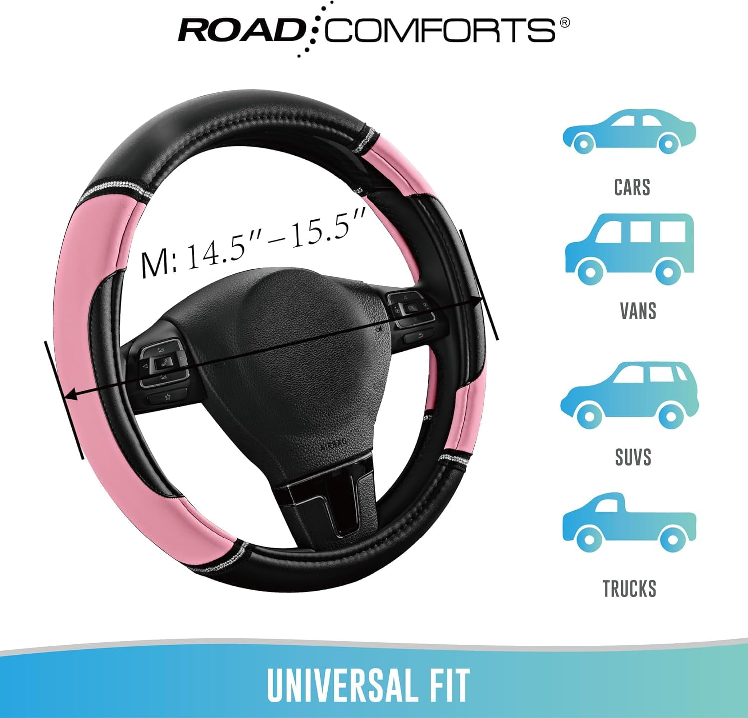 Leather Steering Wheel Cover - Made with PVC Leather - Anti-Slip, Universal Fit 14 1/2 inches to 15 inches - Pink