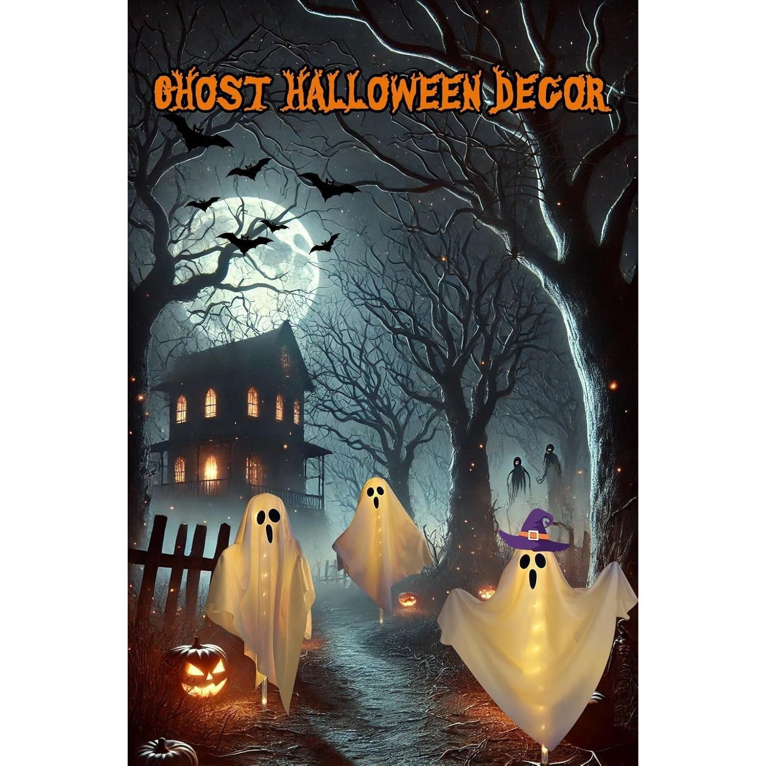 Solar Halloween Ghost Decorations, 3-Piece Outdoor Light Set with 8 Lighting Modes, Bendable Arms, Auto On/Off, 37.5 x 25.6 in