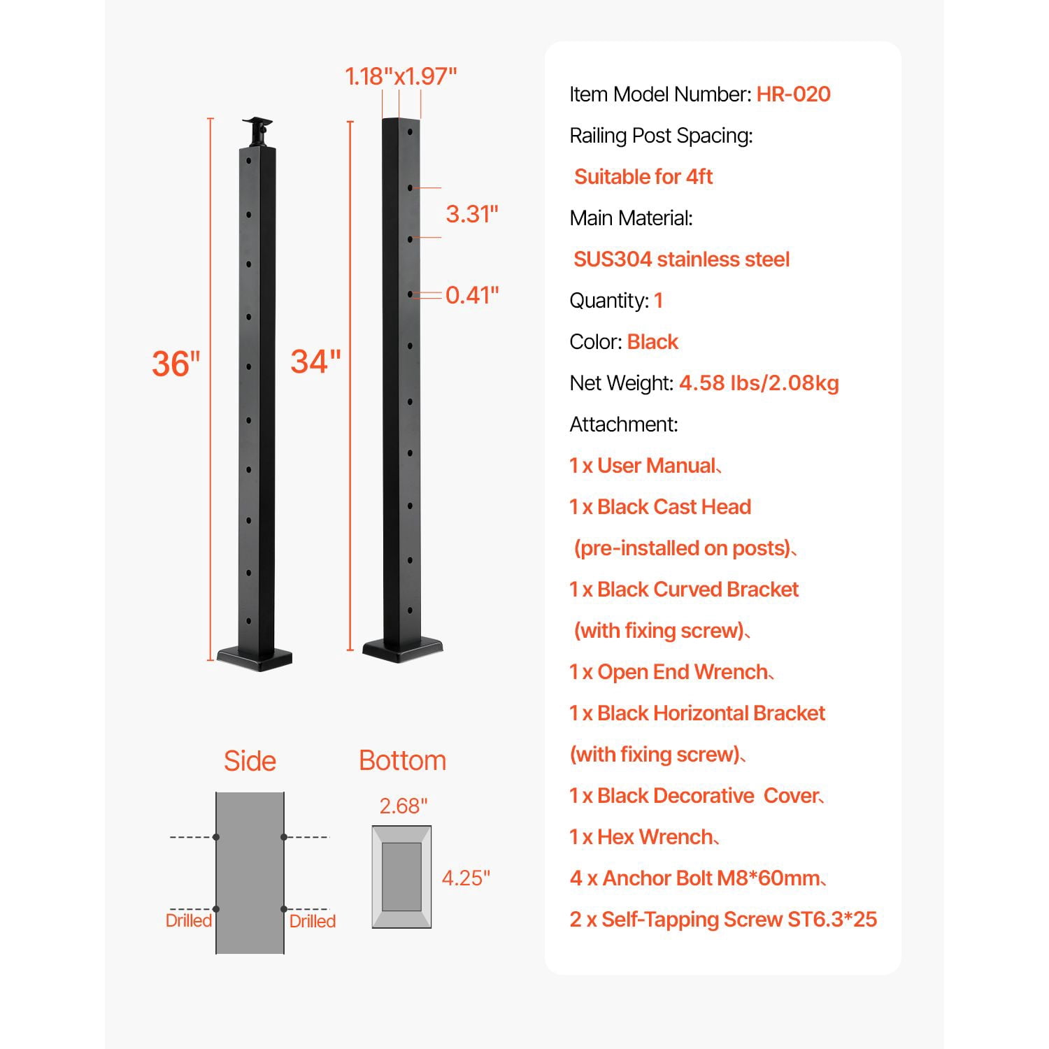 Cable Railing Post, Horizontal Hole Design, 42" Height, SUS304 Stainless Steel, 3" Hole Spacing, 10-12 Holes, for Deck, Stair, Patio & Balcony Railing Protection
