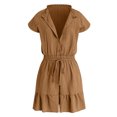 thumbnail image 4 of vigerkar Summer Rompers for Women 2026 V Neck Short Sleeve Button Up Ruffle Jumpsuit Outfit with Pockets (Khaki, S), 4 of 7