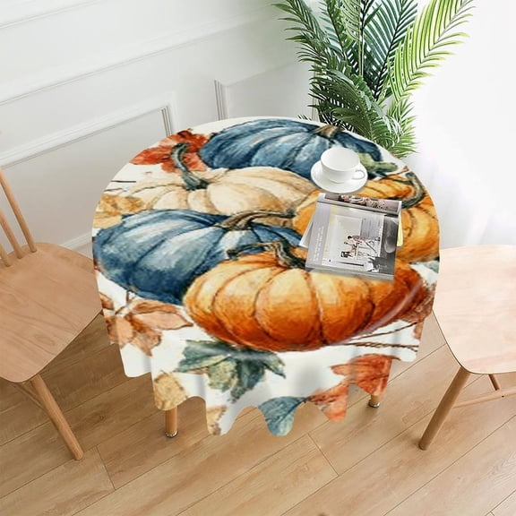 RKSupls 60 Inch Round Tablecloth, Watercolor Pumpkin Autumn Premium Polyester Straight Edge Wrinkle Resistant Washable Table Cover for Party Home Dining Decor