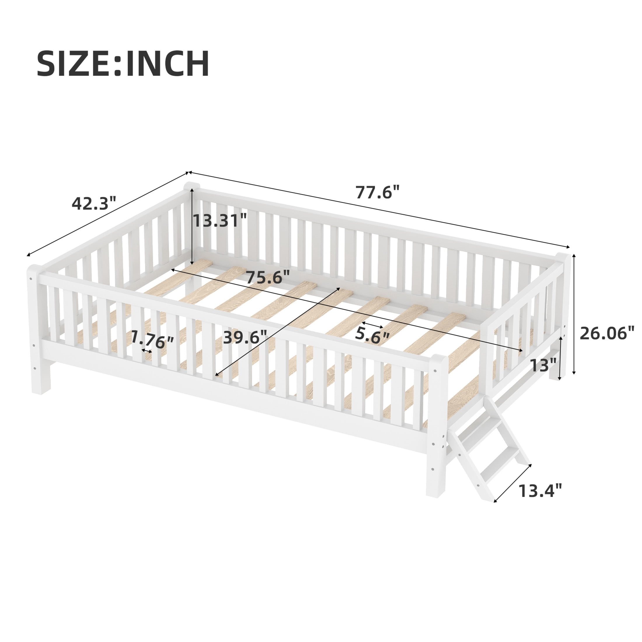 Noble House Prado Twin Size Wood Platform Bed with Full Guardrail, Safe Low Profile Bed Frame for Kids, White