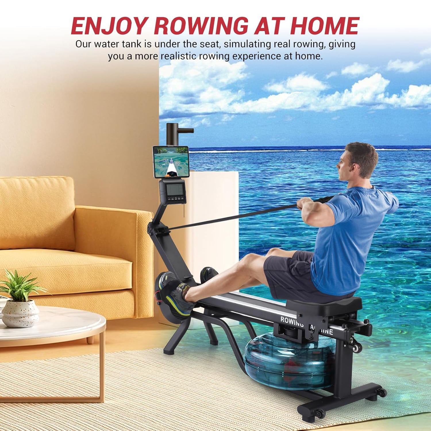 M optimized Water Rowing Machines for Home, 380 Lbs Capacity Rower Machine with Digital Monitor, Wide Ergonomic Seating and Tablet Holder, App Compatible