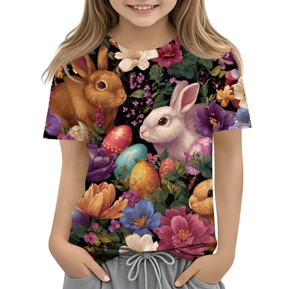 Short Sleeve Crew Neck T Shirt for Girls with Cartoon Bunny Print Soft Fabric Casual Loose Fit Top for Kids