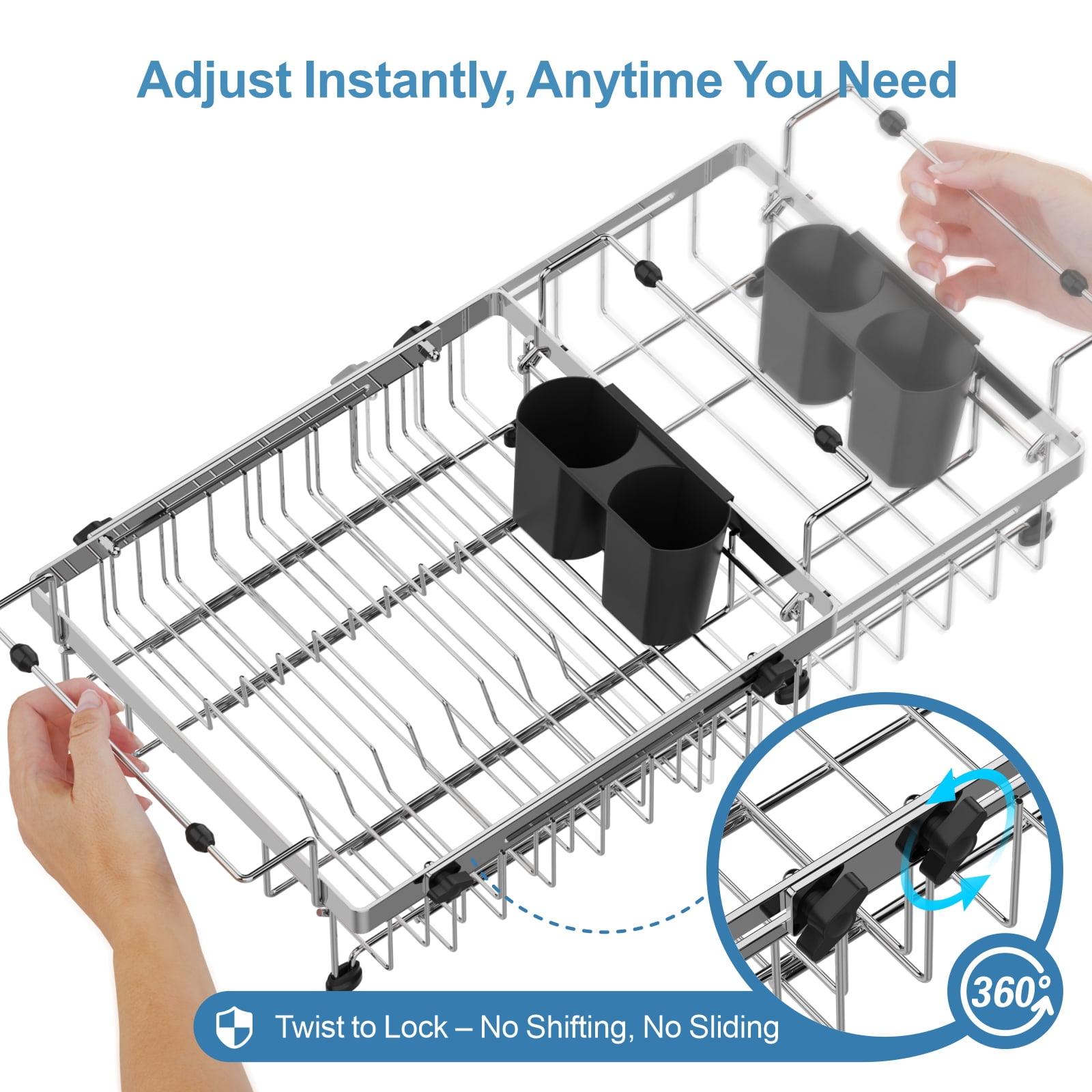 iSPECLE Expandable in Sink Dish Drying Rack - Capacity Adjustable Stainless Steel Over The Sink Dish Drainer with Lock Knob and Utensil Holder for Kitchen Sink, 10.8"~17.9" L x 12.7" W, Silver