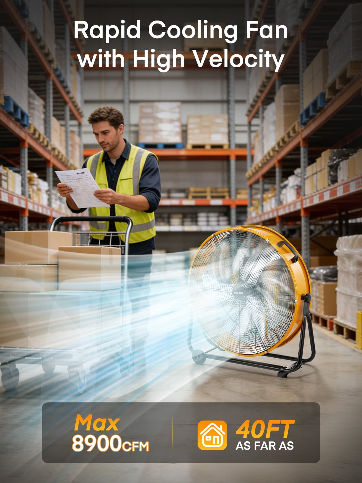 FOHERE 24 Inch High Velocity Industrial Drum Fan, 8500 CFM Heavy Duty Metal Floor Fan with Wheels, 360° Tilt 3-Speed Shop Fan, Portable Barn Fan with Wide Handle for Warehouse, Garage, Factory, Gym