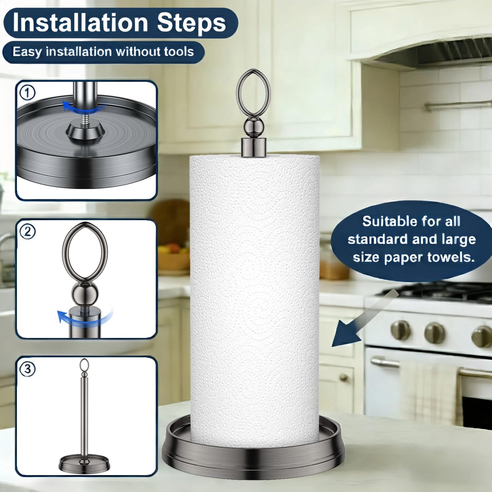 Paper Towel Holder With Heavy Weighted Base - Steel Countertop Stand For Kitchen  Bars & Dining Tables Fits Standard Rolls Brushed Nickel
