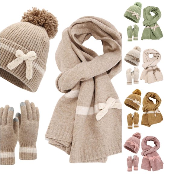 HNMKIU Women's Bow Decorated Knit Scarf Three Piece Winter Set with Matching Warm Accessories Khaki - One Size
