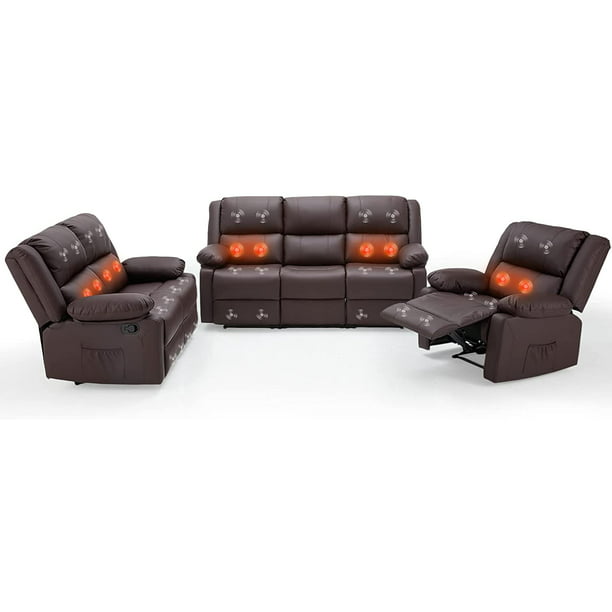 Yodolla 3 Pieces Recliner Sofa Set With, Light Brown Leather Recliner Sofa Set