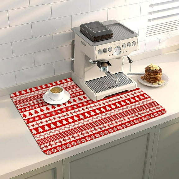 Christmas Red Coffee Mat Dish Drying Mat Hide Stain High Absorbent Drying Mat for Kitchen Easy Clean,Fit Under Coffee Maker Machine And Accessories-12"x19",Multi Pattern