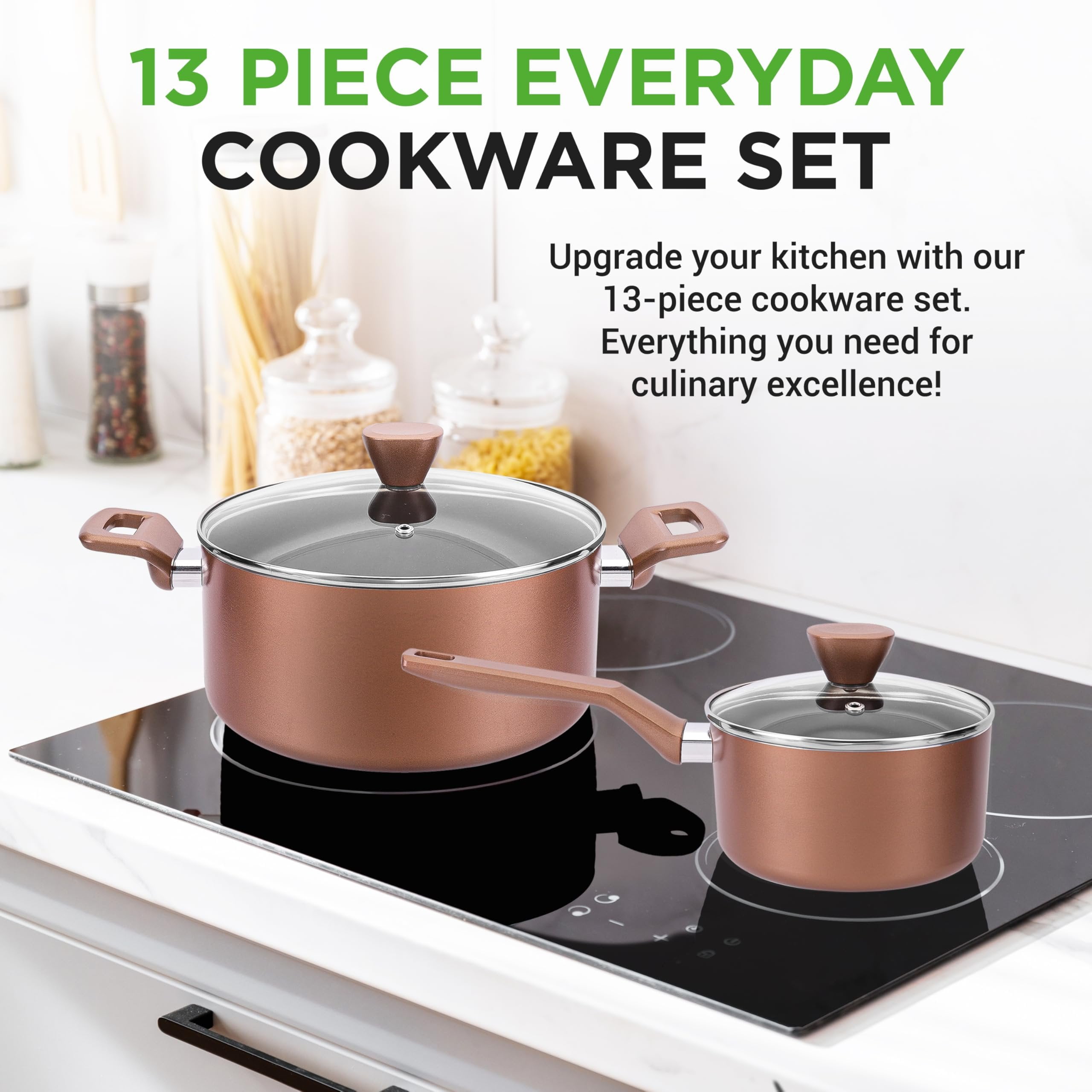 NutriChef Kitchenware Pots & Pans - Stylish Kitchen Cookware Set, Non-Stick (13-Piece Set)