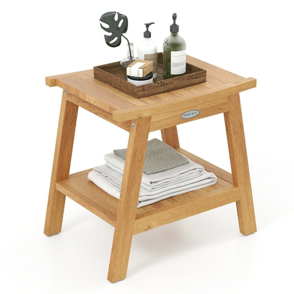 Gymax 20'' Teak Wood Shower Bench w/ Storage Shelf Adjustable & Anti-slip Foot Pads Bathroom Spa Bathing Stool