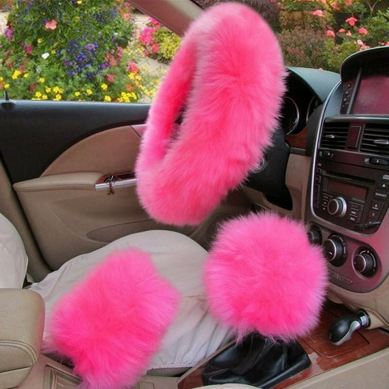 Hot 3Pcs/Set Woolen Winter Soft Warm Fuzzy Steering Wheel Cover Long Plush Handbrake Car Accessory Pink/Saffron Yellow/Black/Wine Red/Beige PO-11