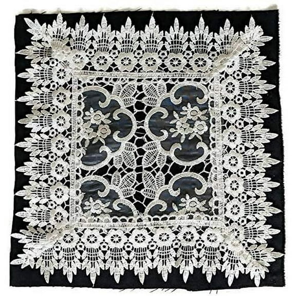 Doily Boutique Square Doily with Flowers on Sheer Fabric and Lace, Size 13 x 13 inches